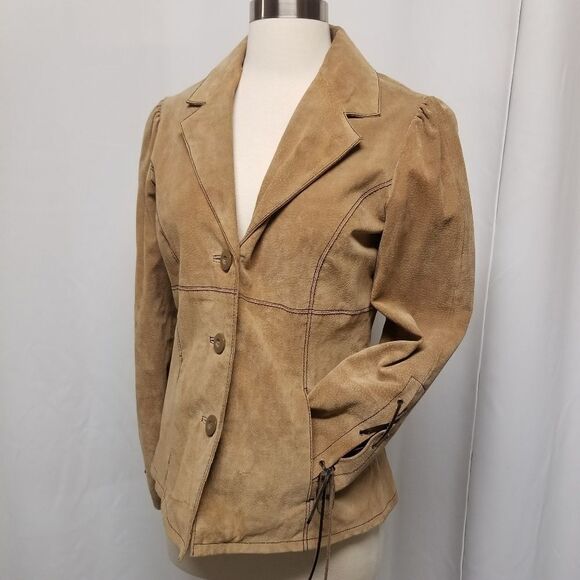 Vintage 90s y2k  Wilsons Suede Leather Maxima Tan Blazer Button Down Jacket  Md - Picture 4 of 8